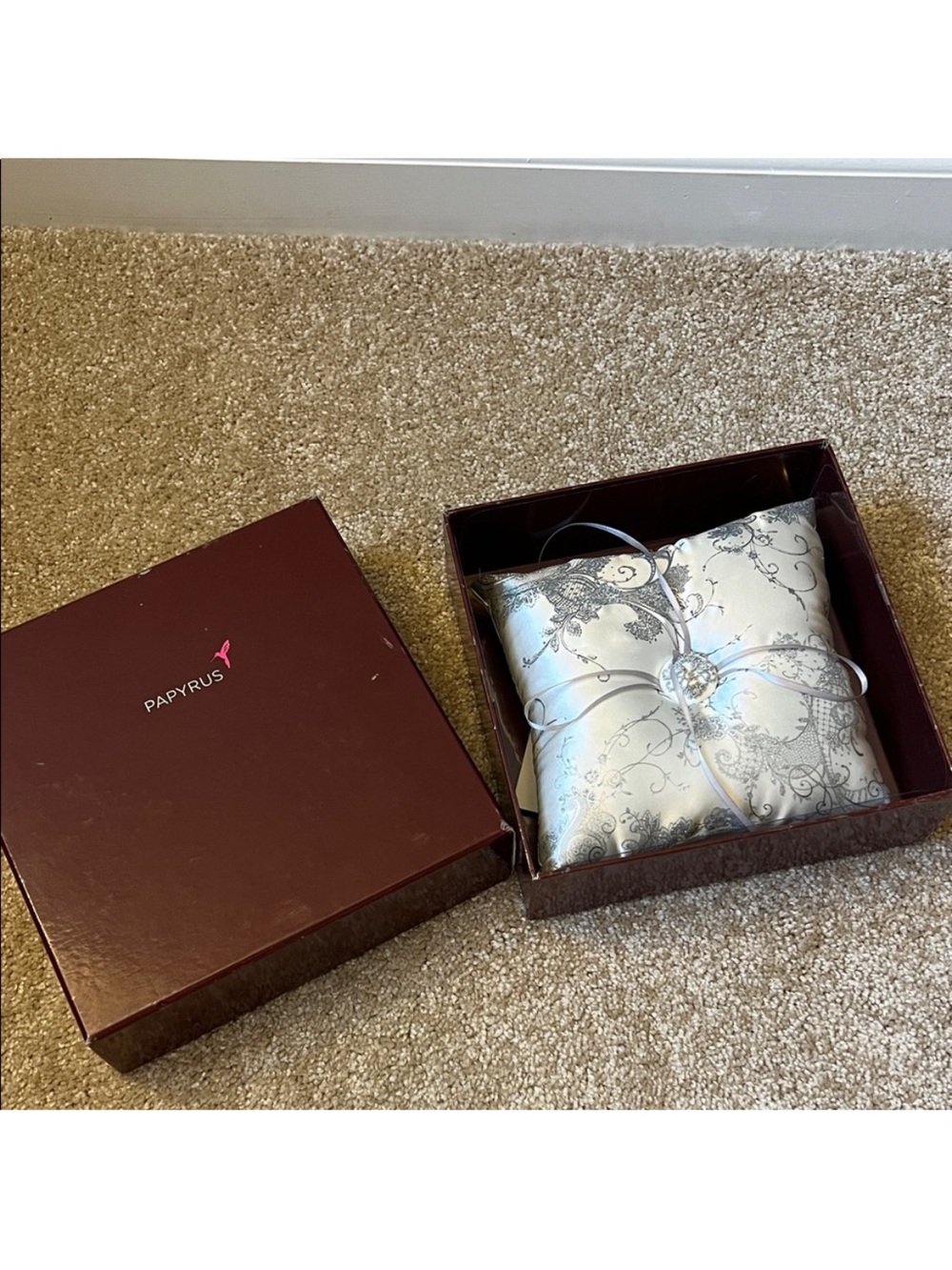 Papyrus Silver Damask Satin Ring Pillow with Ribbon